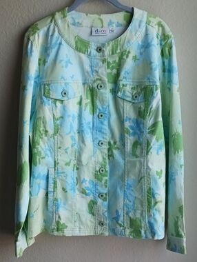 Denim & Co. Light Blue & Green Floral Jean Jacket Size Large